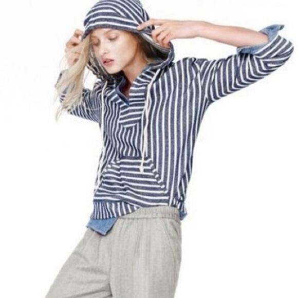 J Crew Baja Striped 3/4 Sleeve Hoodie Blue White Small - Picture 10 of 11